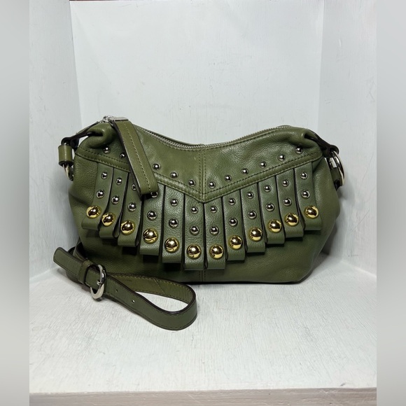 Vintage B Makowsky A201445 Olive Green Studded Leather Fringe Crossbody - Picture 1 of 6